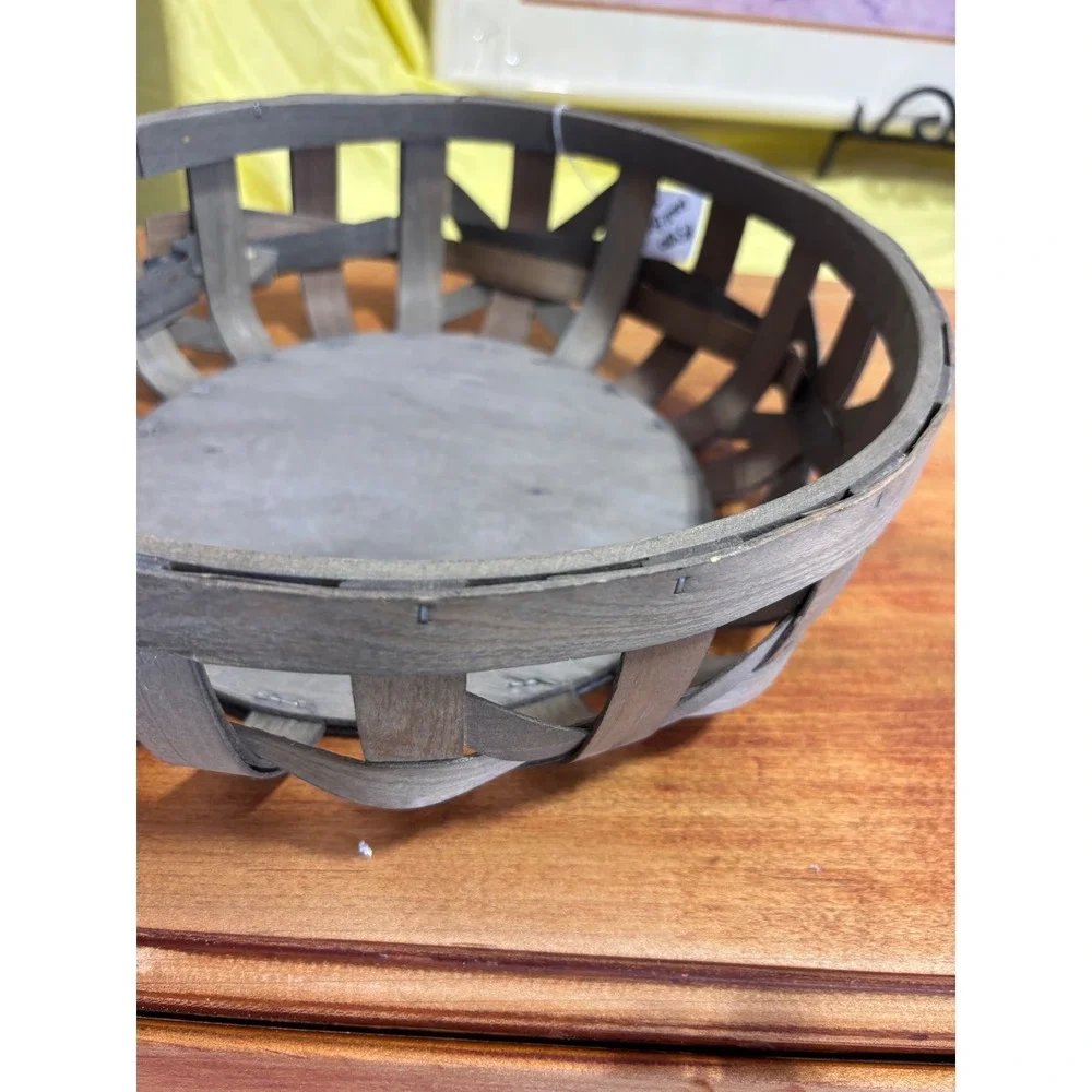 Rustic Gray Round Wooden Tobacco Basket Farmhouse Centerpiece Bowl 11in